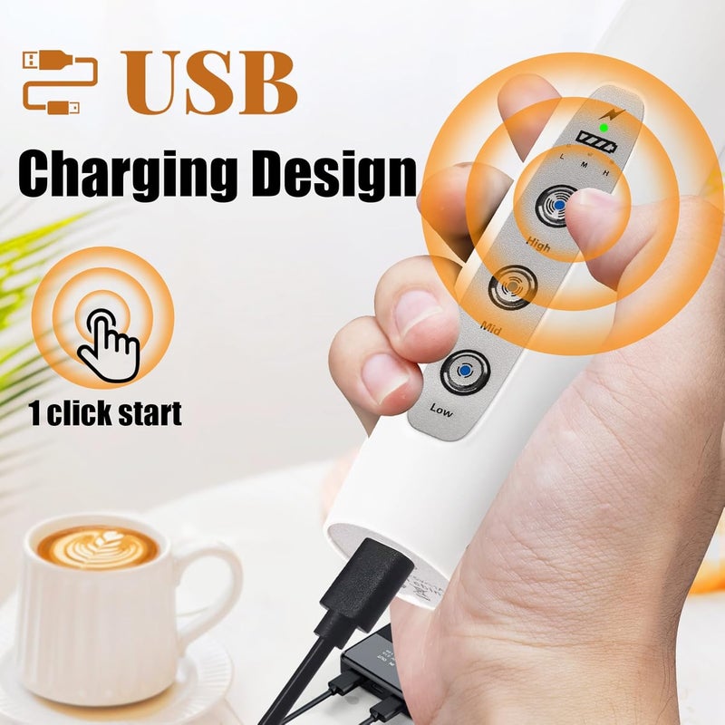 Nahida White Milk Frother Wand for Coffee, Frother Handheld Rechargeable Electric Whisk with 3 Heads 3 Speeds Drink Mixer Coffee Frother Foam Maker For Latte, Cappuccino, Hot Chocolate, Egg - Image 2